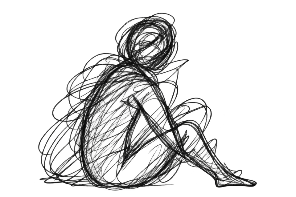 A hand-drawn seated figure holding their knees