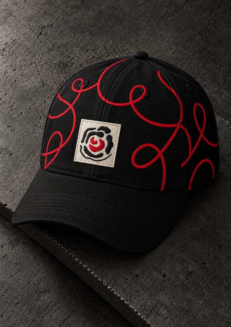 Black cap with embroidered red loops and the Anxiety logo patch