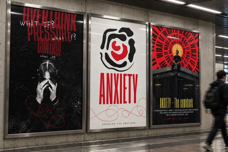 Three Anxiety brand posters displayed on a station wall