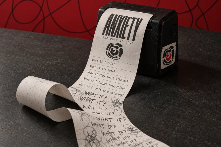 Anxiety identity on a receipt printer, with a paper roll of repeating what-if thoughts