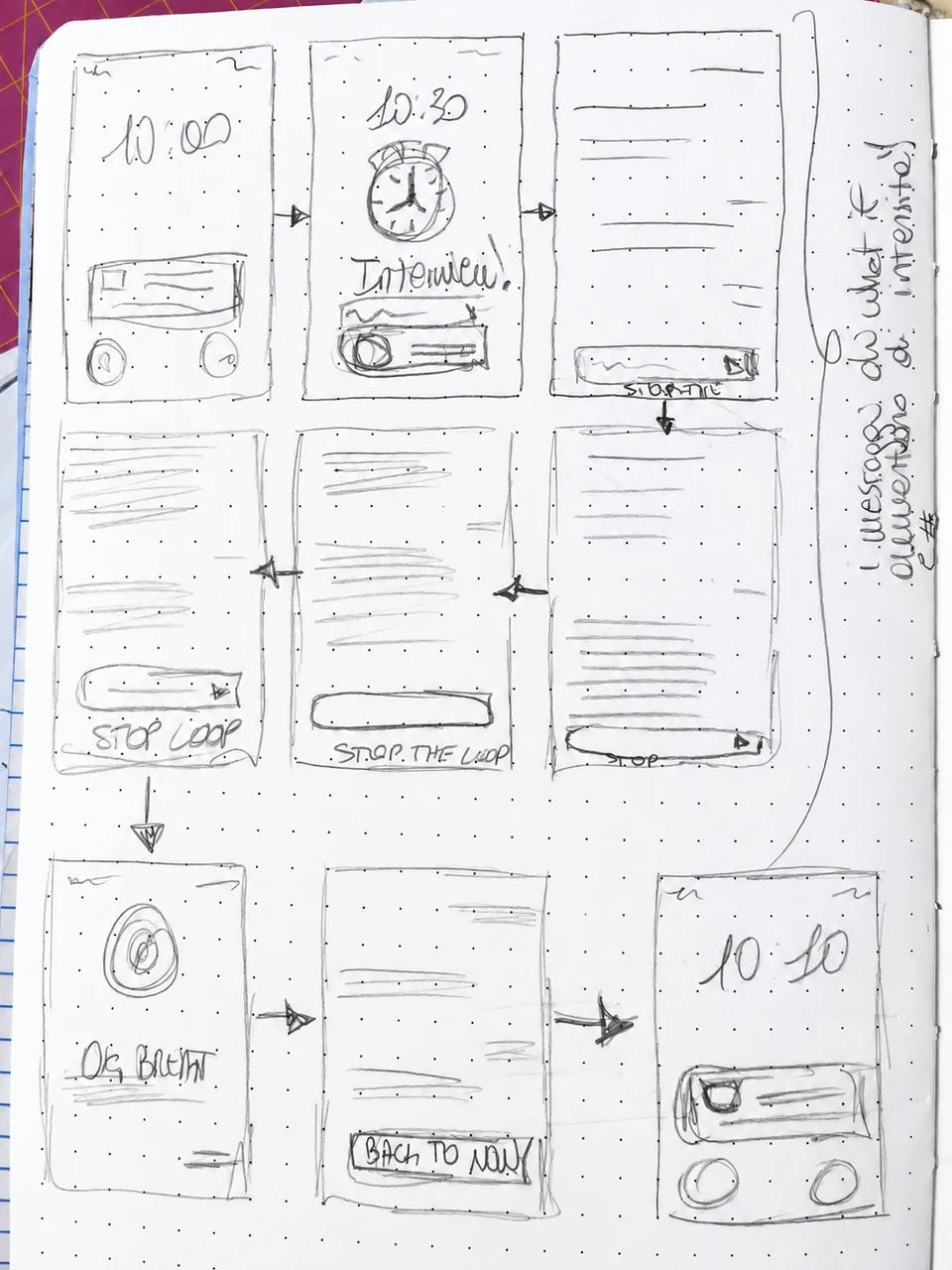 Hand-drawn wireframes for the Anxiety mobile experience