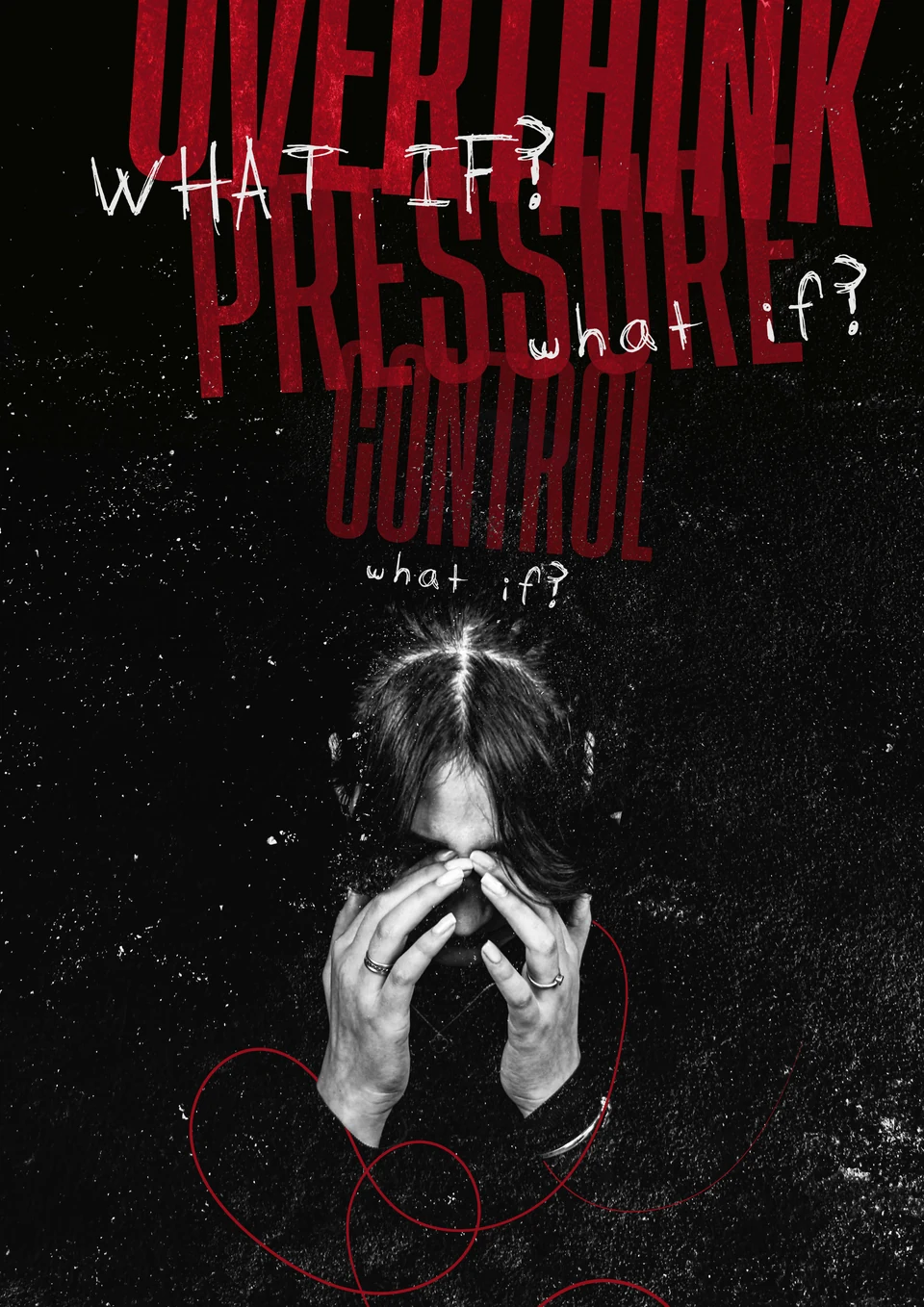 Anxiety poster with layered what-if questions and a person covering their face