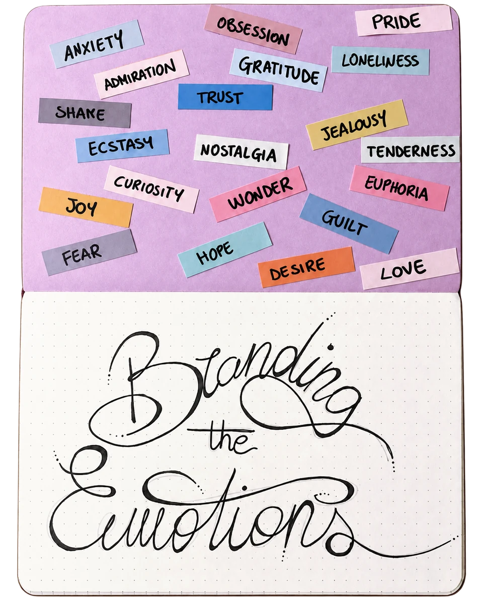 Open sketchbook with emotion labels and the hand-lettered Branding the Emotions title