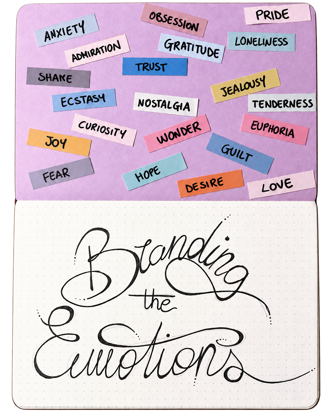 Open notebook showing the handwritten beginning of Branding the Emotions