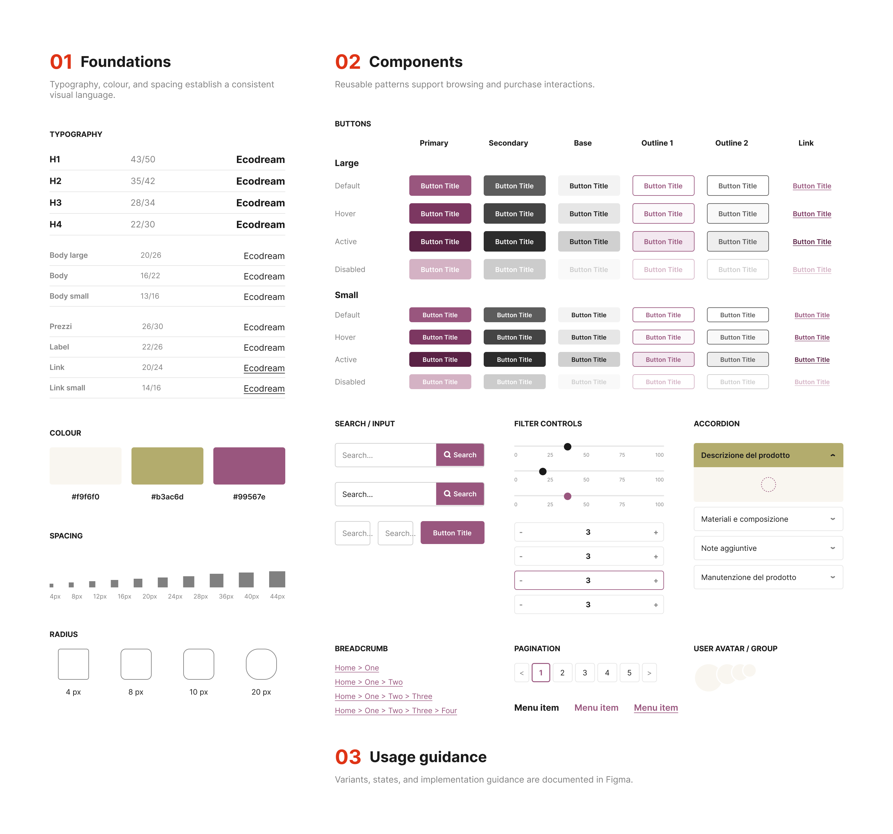 EcoDream design system foundations, reusable interface components and usage guidance