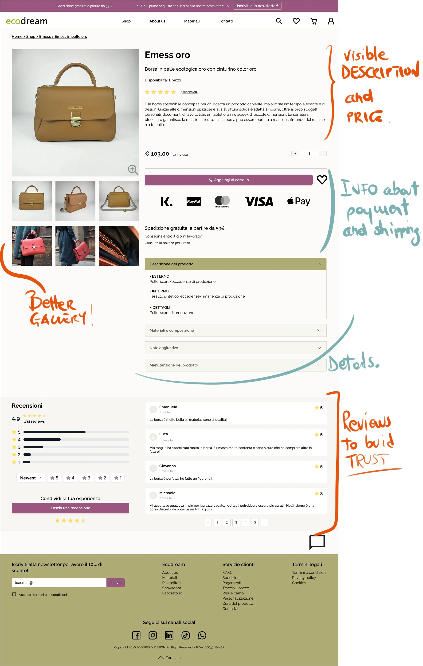 Redesigned EcoDream product page with design annotations