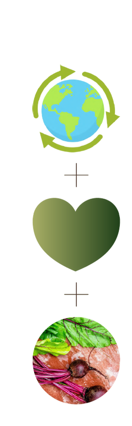 Planet and circularity, a heart for love and respect, and beetroot for natural roots.