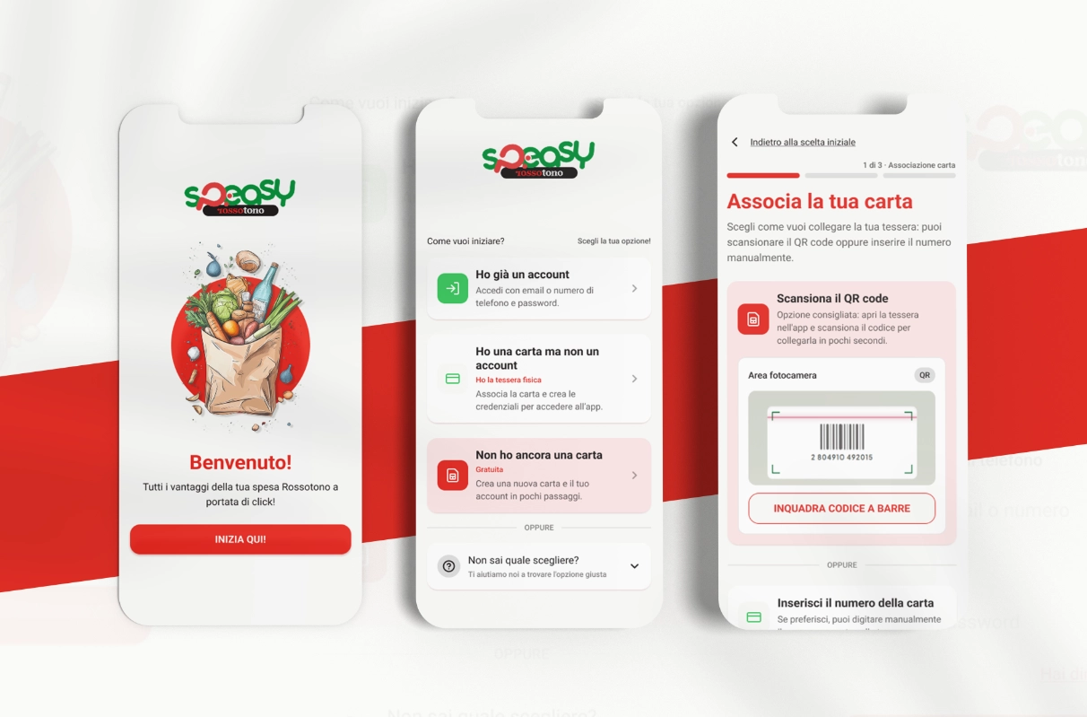 Rossotono x Speasy onboarding redesign shown across three mobile screens