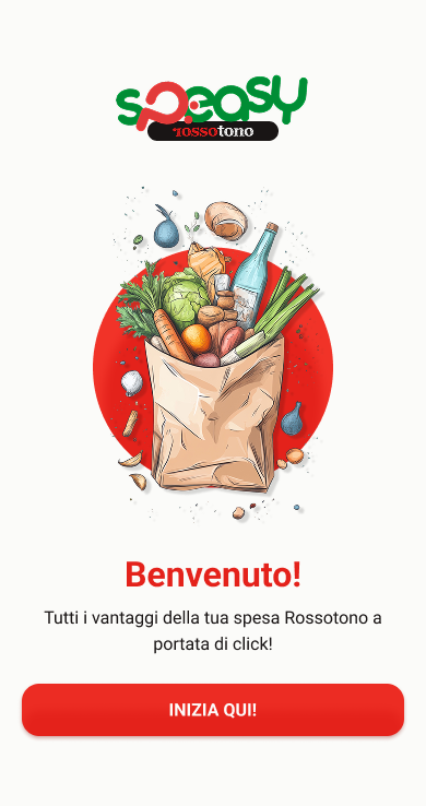 Speasy welcome screen introducing the Rossotono loyalty-card experience