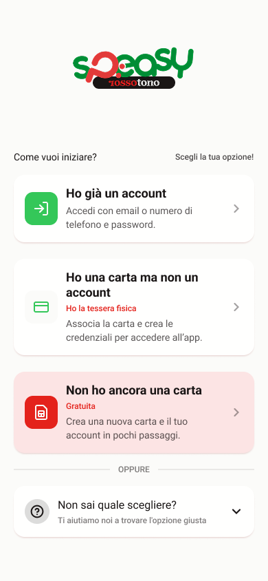Speasy screen offering account access, existing-card linking and new-card registration