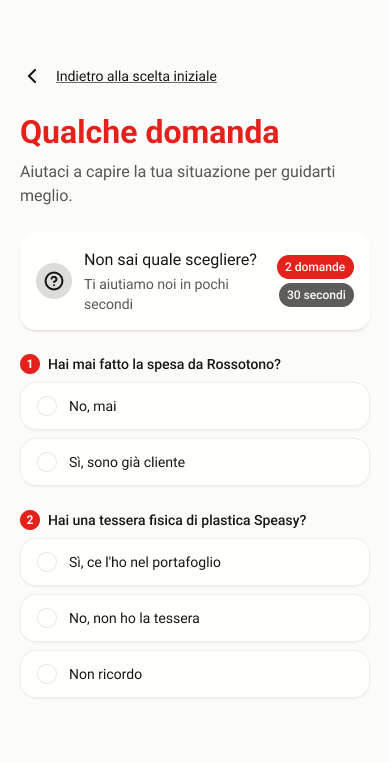 Speasy onboarding questionnaire asking about the user's Rossotono shopping and loyalty card