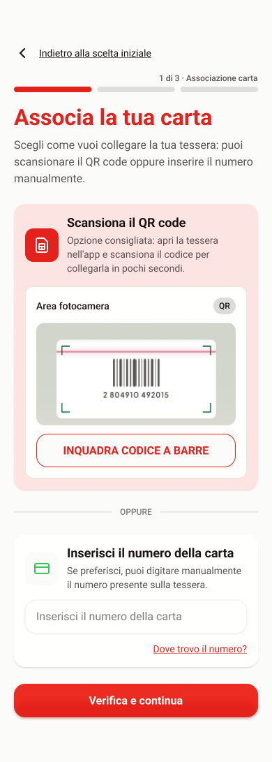 Step one: associate an existing Speasy card by scanning its code or entering the card number