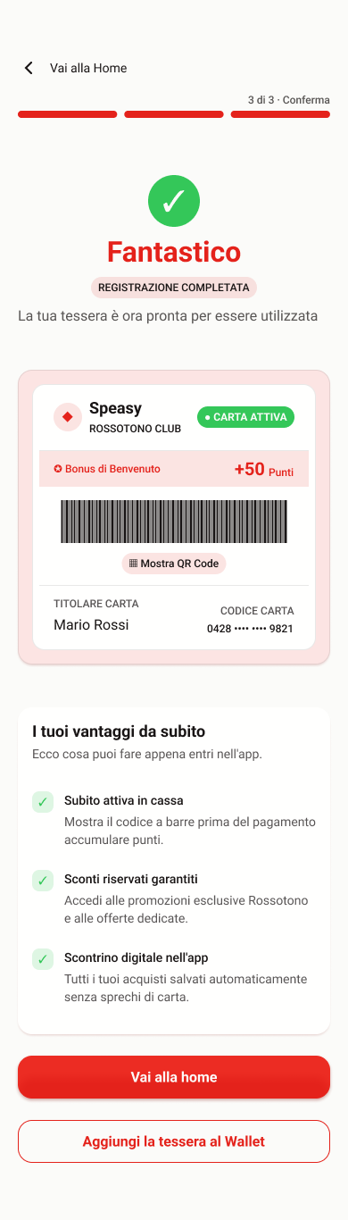 Step three: confirmation that the Speasy loyalty card is active and ready to use